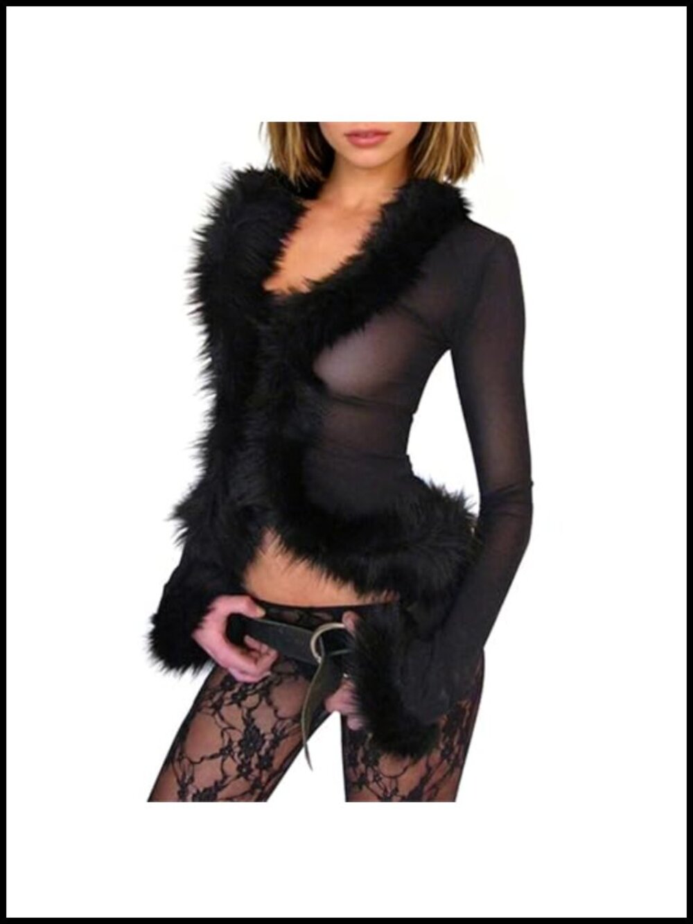 Faux Fur Trim Sheer Mesh Crop Cardigan Y2K Clubwear